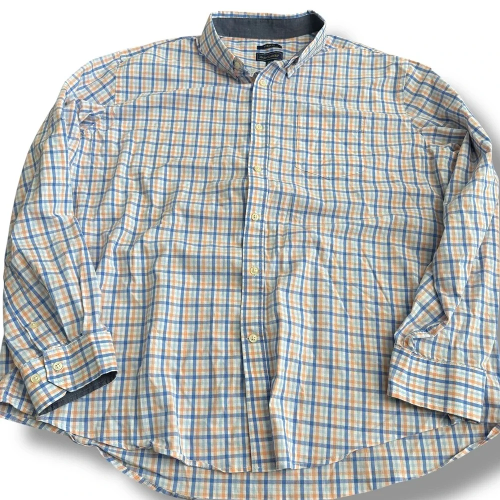 Mason James Mens XXL Plaid Button Down Long Sleeve Stretch‎ Shirt Orange Blue